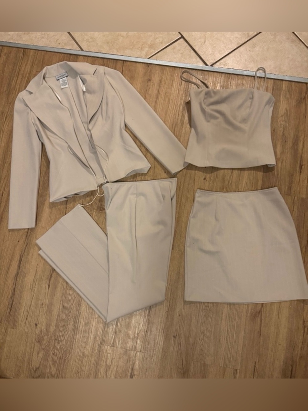 4-Piece Beige Pinstripe Set |Blazer, Corset Top, Pants /Mini Skirt | XS-S